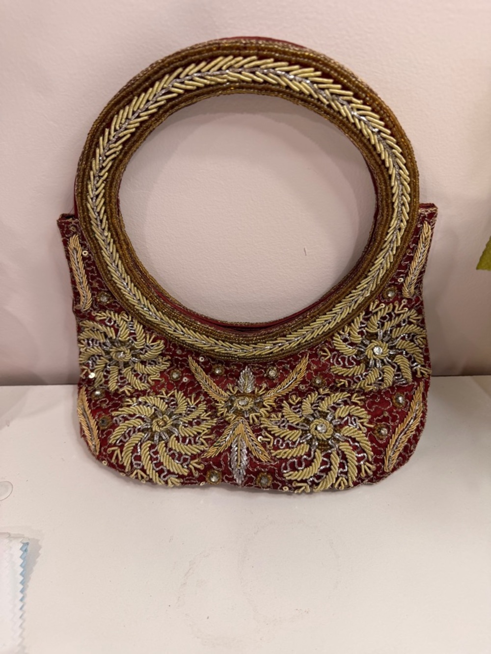 Vintage Beaded Red and Gold Embroidered Round-Handle Women's Bag